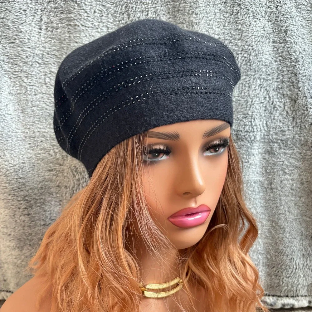 Jones New York Womens Beret OS Black Studded Wool Blend Hat Classic Glam 20249